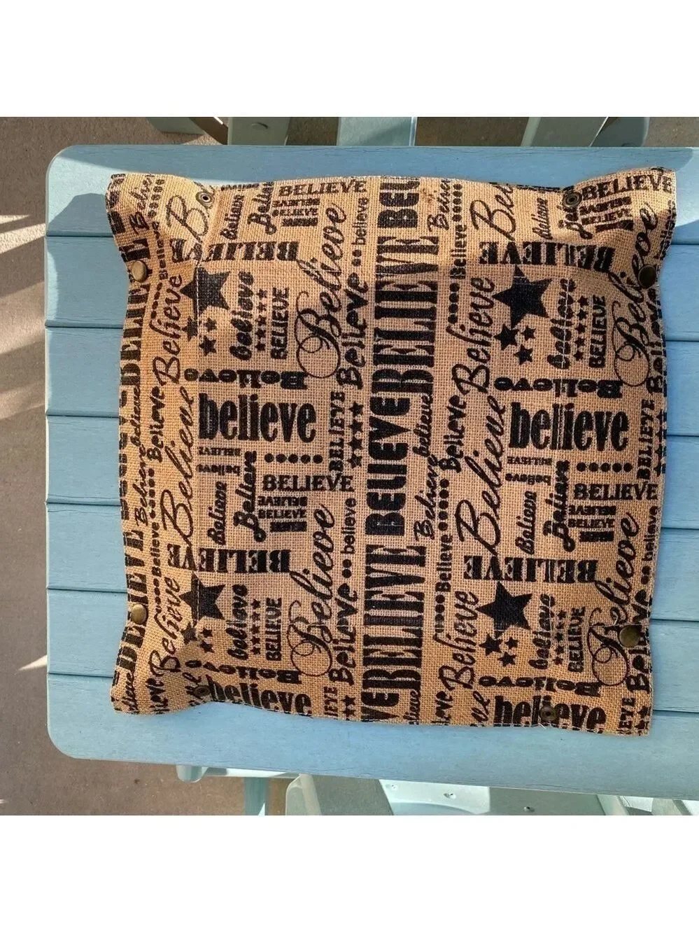 Burlap ‘Believe’ Basket. 10” square. Cute corners with snaps. Many uses 3” tall